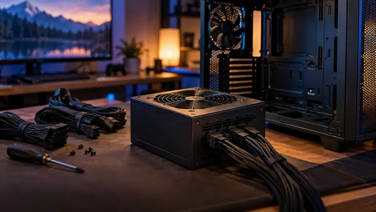 Black modular power supply with sleeved cables plugged in beside an open empty PC case on a workbench