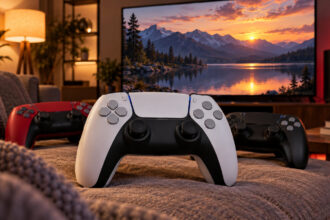 White two tone wireless gamepad on a sofa with red and black versions behind, TV glowing