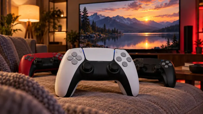 White two tone wireless gamepad on a sofa with red and black versions behind, TV glowing