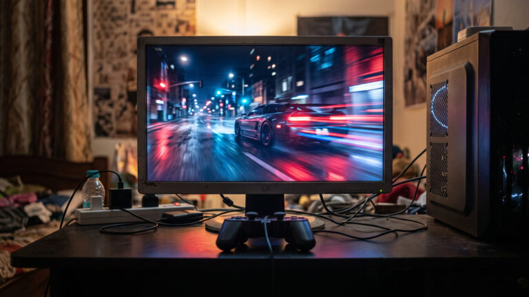 Budget monitor showing a night street race with a wired gamepad on a bedroom desk