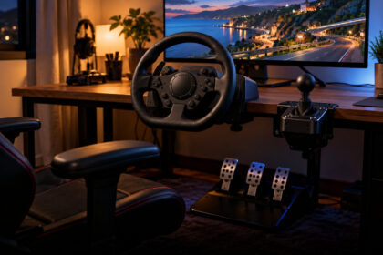 Black racing wheel clamped to a desk with a gear shifter, pedals on the floor and a race track on the monitor