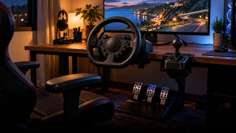Black racing wheel clamped to a desk with a gear shifter, pedals on the floor and a race track on the monitor
