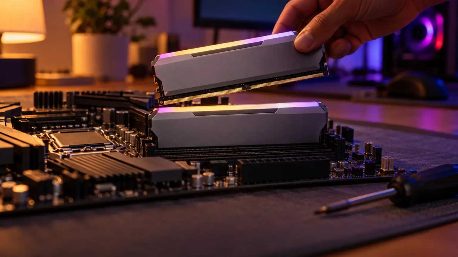Best RAM for Gaming in India (2026): Kits and Why Prices Spiked 17 Matched pair of RAM sticks being fitted into a motherboard on an anti static mat at night
