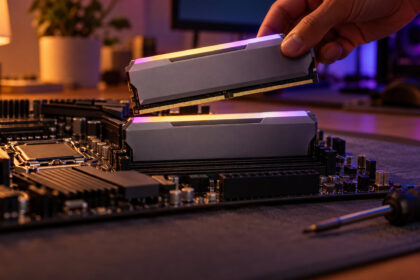 Matched pair of RAM sticks being fitted into a motherboard on an anti static mat at night
