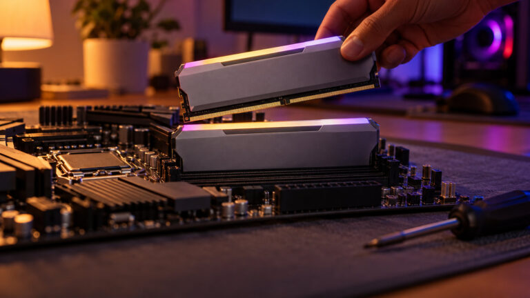 Matched pair of RAM sticks being fitted into a motherboard on an anti static mat at night