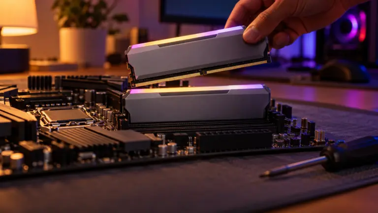 Matched pair of RAM sticks being fitted into a motherboard on an anti static mat at night
