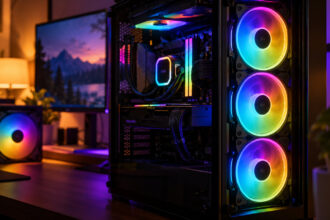 Three rainbow ARGB fans glowing in the front of a PC case seen through the glass side panel