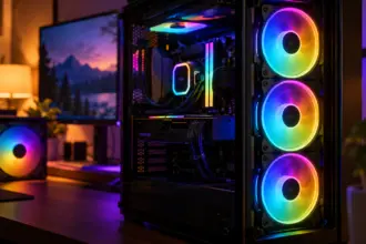 Three rainbow ARGB fans glowing in the front of a PC case seen through the glass side panel