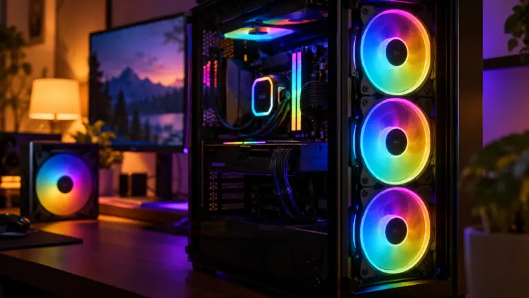 Three rainbow ARGB fans glowing in the front of a PC case seen through the glass side panel