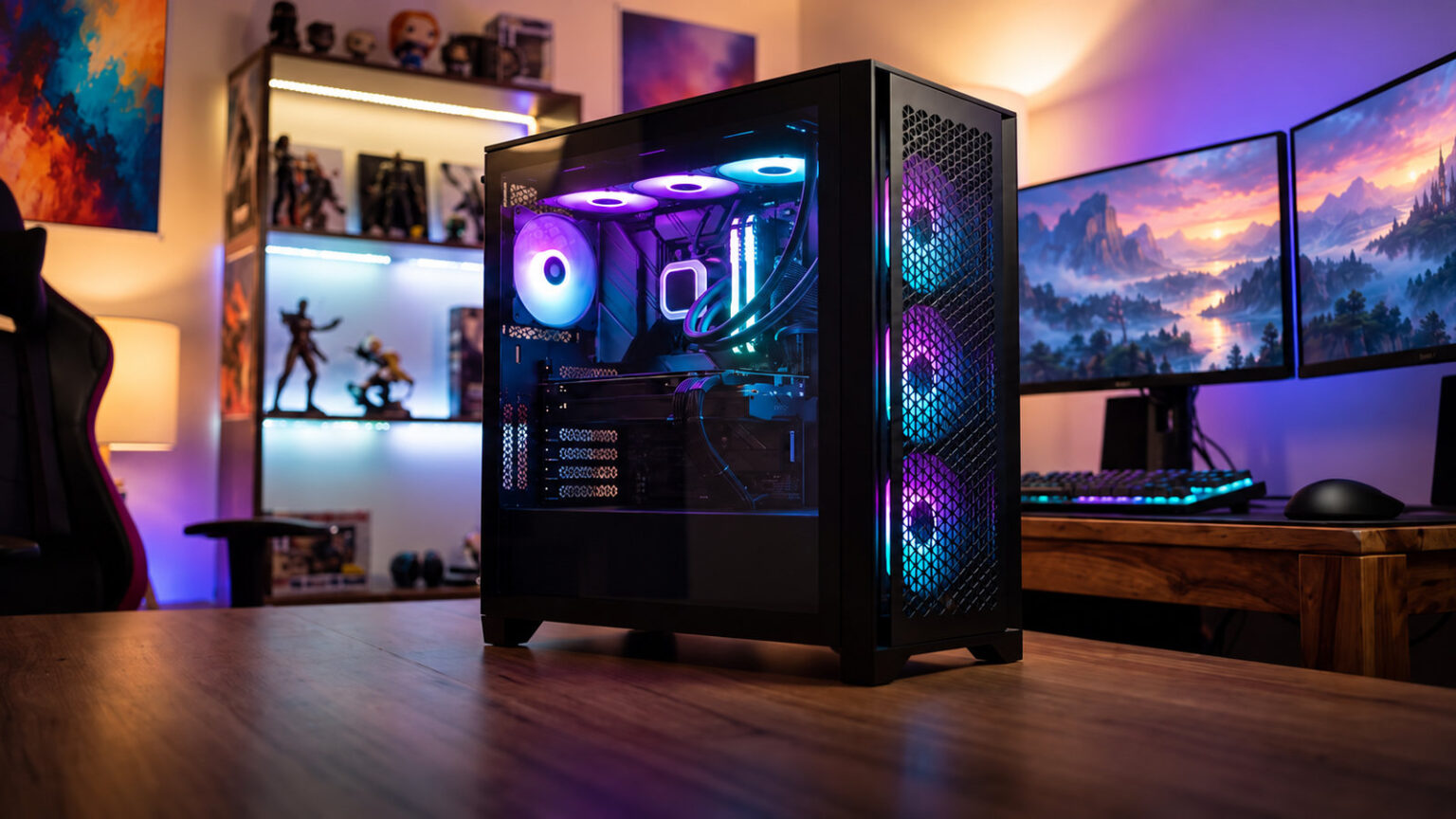 Best RGB Gaming Cabinet in India (2026): Picks by Budget 18 Black RGB gaming cabinet with glass side and glowing fans in a bedroom