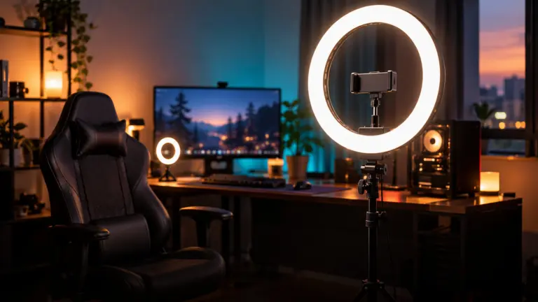Large glowing ring light on a tall stand beside a streaming desk and empty gaming chair at dusk