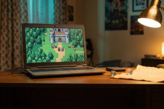 Budget laptop on a study desk at night showing a pixel art fantasy RPG, with a die and hand drawn map beside it