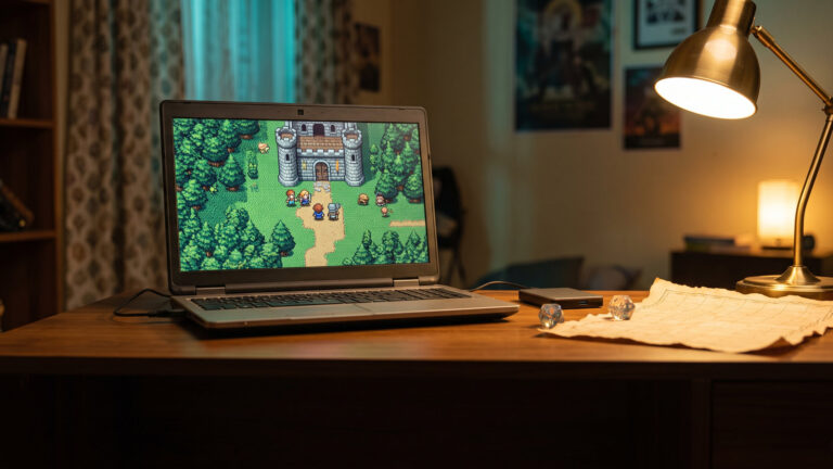 Budget laptop on a study desk at night showing a pixel art fantasy RPG, with a die and hand drawn map beside it