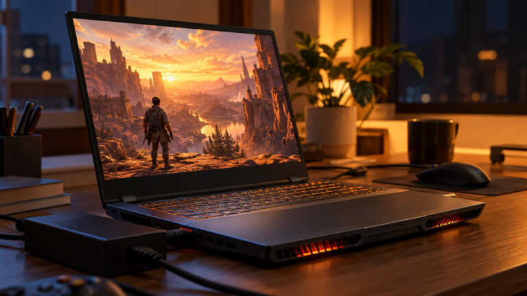 Gaming laptop seen from behind with heat shimmer from its rear vents and a large charger on a desk