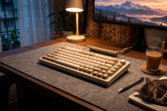 Cream 75 percent keyboard on a felt desk mat at night beside a cup of chai and a sleeping cat