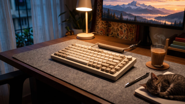 Cream 75 percent keyboard on a felt desk mat at night beside a cup of chai and a sleeping cat