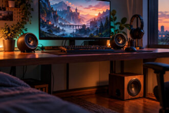 Pair of small round desktop speakers beside a monitor with a subwoofer under the desk in a bedroom
