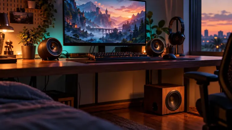 Pair of small round desktop speakers beside a monitor with a subwoofer under the desk in a bedroom