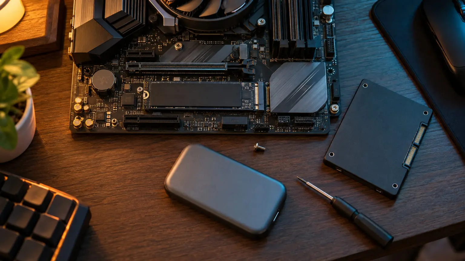 M.2 SSD fitted into a motherboard beside a SATA drive and a portable SSD on a desk seen from above