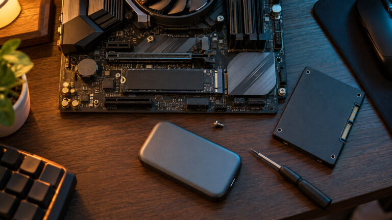 M.2 SSD fitted into a motherboard beside a SATA drive and a portable SSD on a desk seen from above
