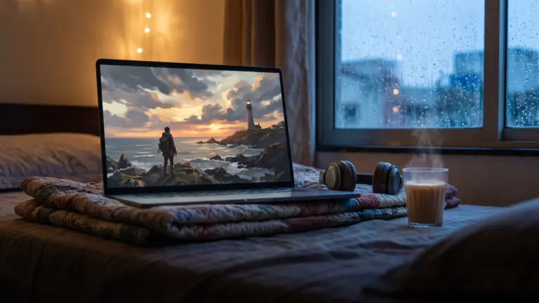 Thin laptop on a bed by a rainy window showing a painterly story game scene, headphones and chai beside it