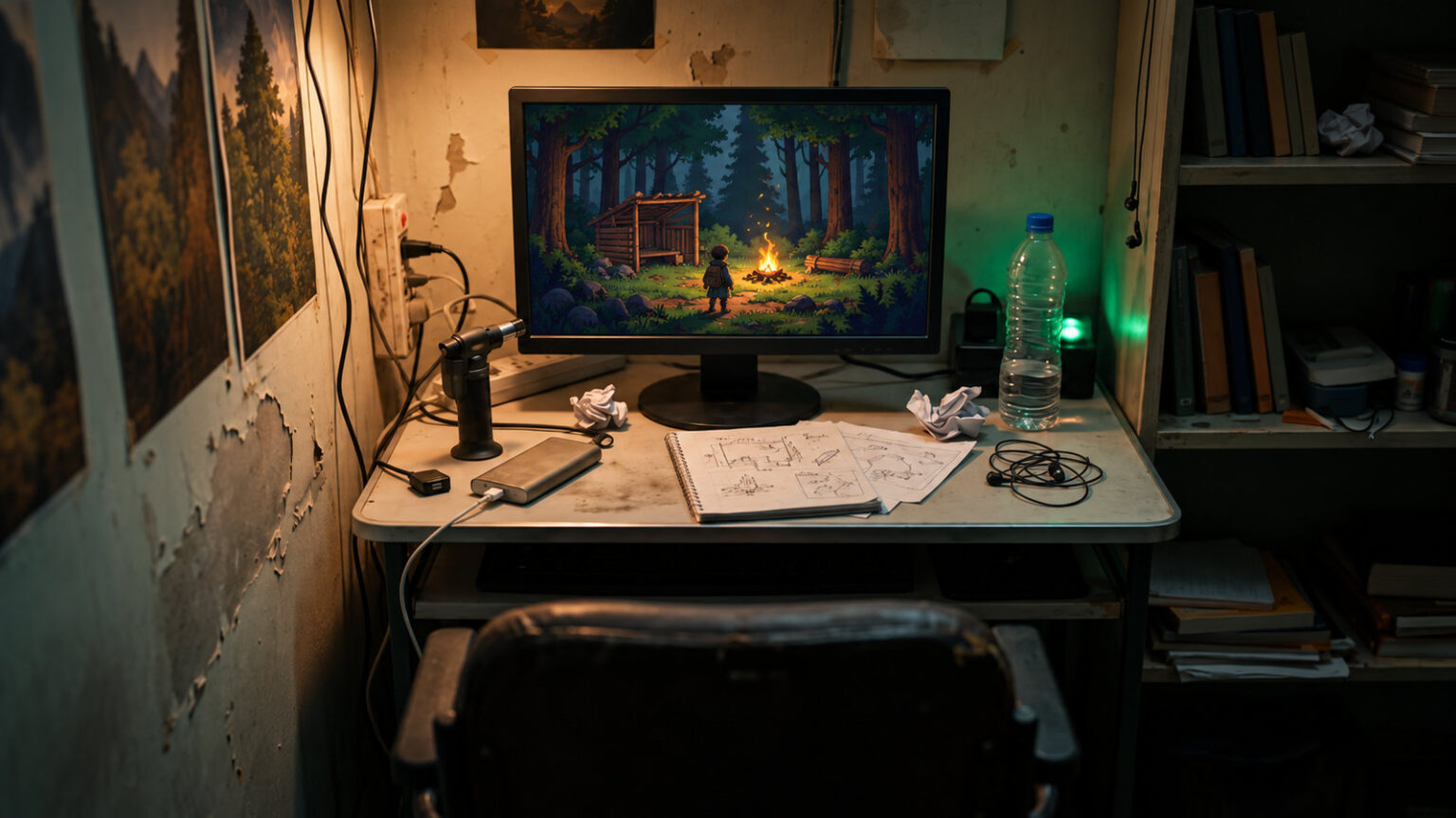 Compact monitor in a hostel room at night showing a 2D forest survival camp with a campfire, a torch on the desk