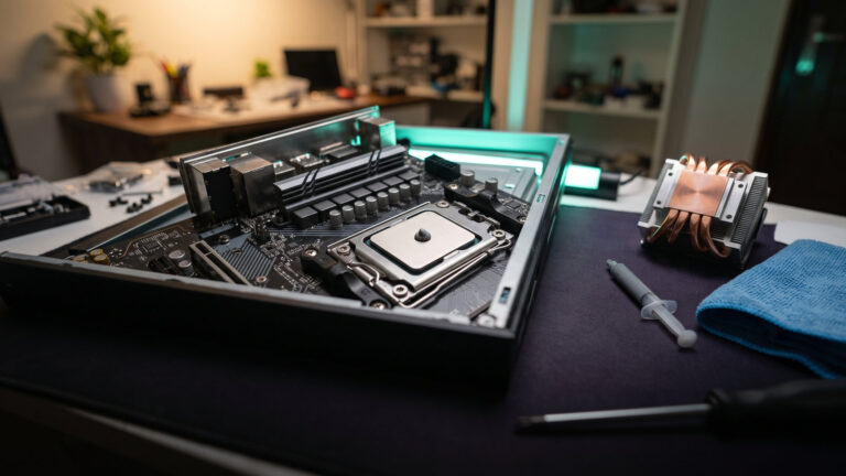 Pea sized dot of grey thermal paste on a CPU heatspreader with a syringe and cooler nearby on a workbench