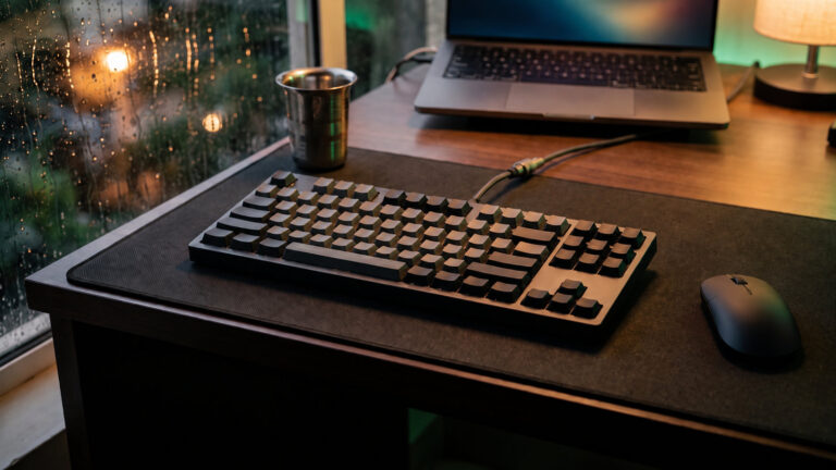 Dark grey tenkeyless keyboard with arrow keys and a mouse on a desk beside a rainy window