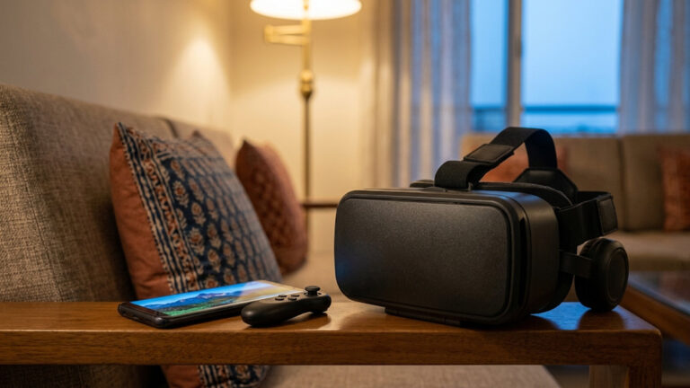 Black phone VR headset with built in headphones on a sofa armrest beside a phone showing a 360 video, in a living room at dusk
