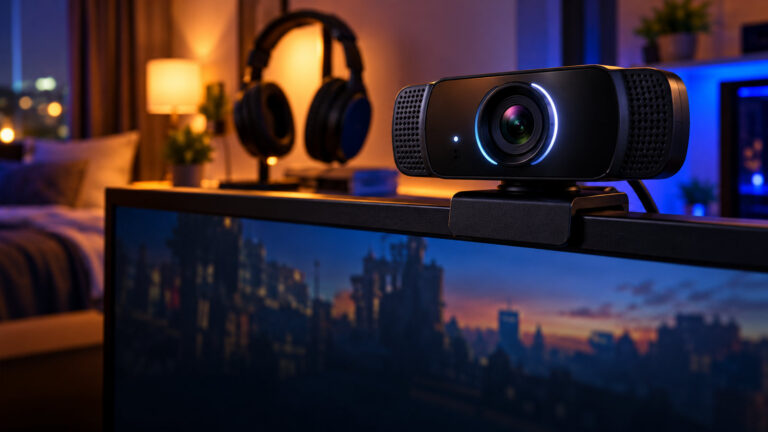 Close up of a webcam clipped on top of a monitor at a streaming desk at night
