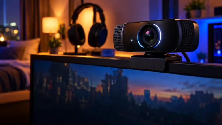Close up of a webcam clipped on top of a monitor at a streaming desk at night
