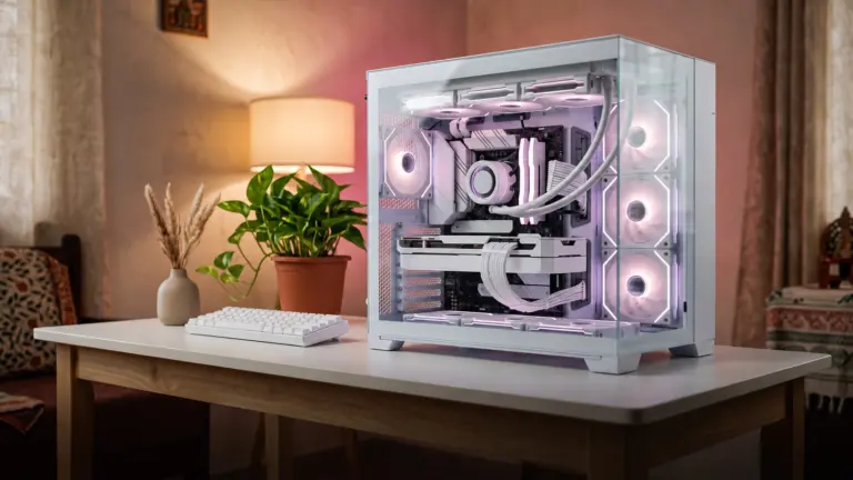 White PC cabinet with glass panels showing white fans and sleeved cables on a white desk