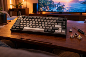 Wireless 75 percent keyboard with a USB dongle, spare switches and a puller on a lap desk on a sofa