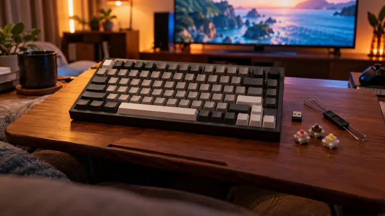 Wireless 75 percent keyboard with a USB dongle, spare switches and a puller on a lap desk on a sofa