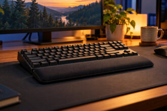 Black memory foam wrist rest running the full length of a tenkeyless keyboard on a dark desk mat at dusk