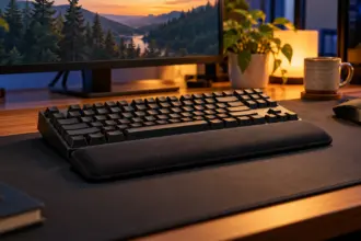 Black memory foam wrist rest running the full length of a tenkeyless keyboard on a dark desk mat at dusk
