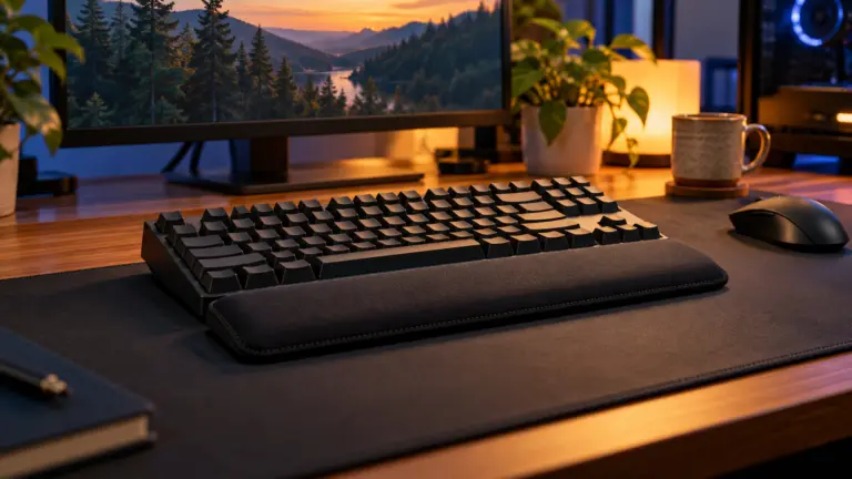 Black memory foam wrist rest running the full length of a tenkeyless keyboard on a dark desk mat at dusk