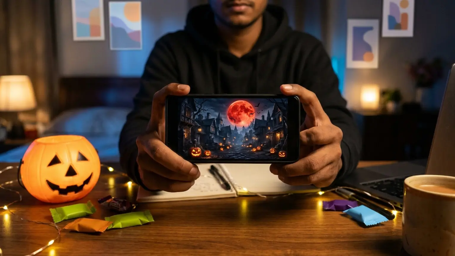 BGMI and Free Fire Halloween 2026: Events, End Dates and Free Rewards 21 Hands holding a phone showing a spooky village under a red moon, beside a glowing pumpkin lantern and candies on a desk