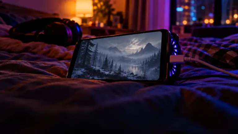 Smartphone with a clip on cooling fan lying on a bed at night, its screen showing a dim frozen forest scene