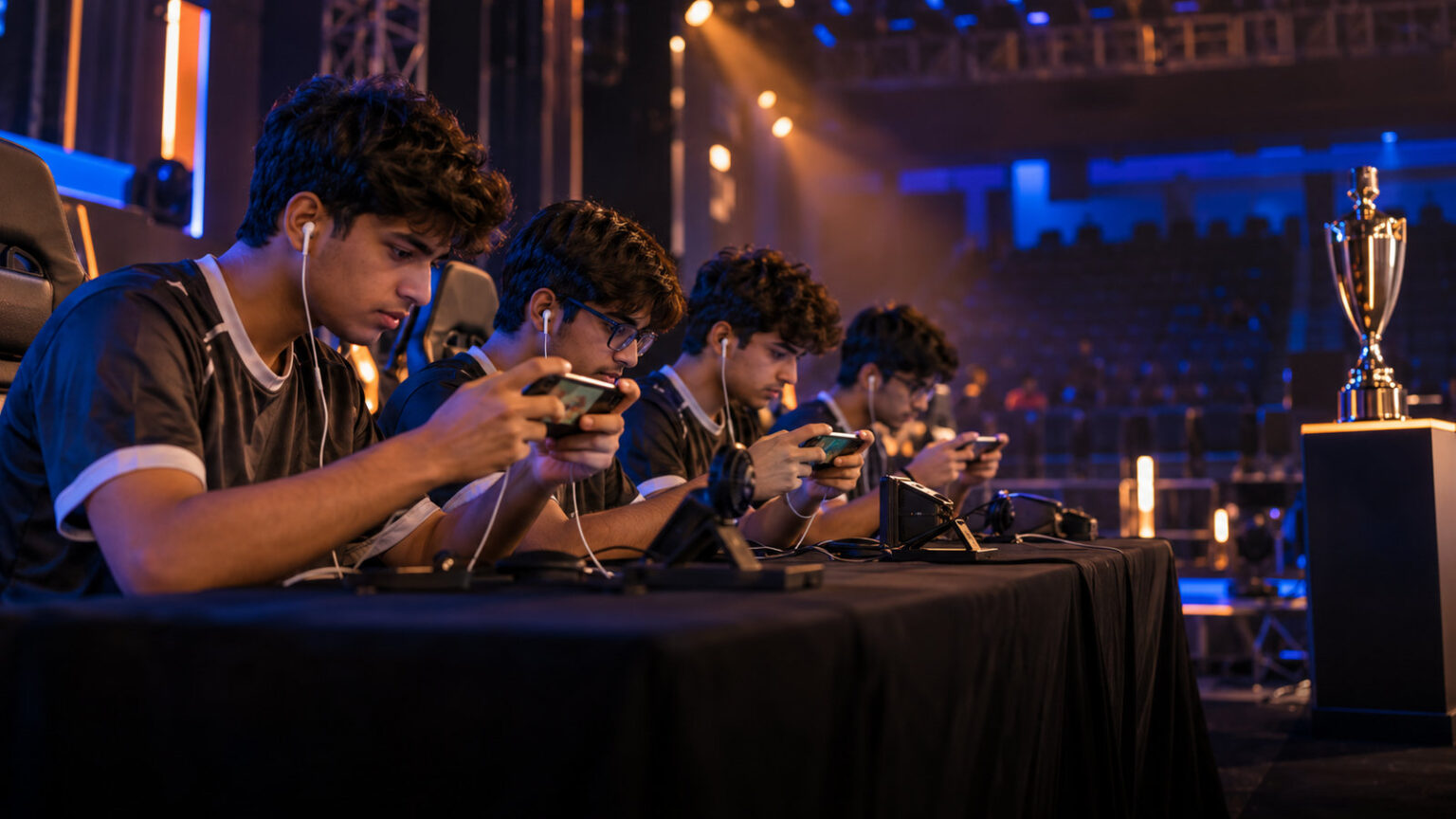 Four young Indian players in plain jerseys playing on phones at a tournament table on stage