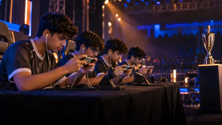 Four young Indian players in plain jerseys playing on phones at a tournament table on stage