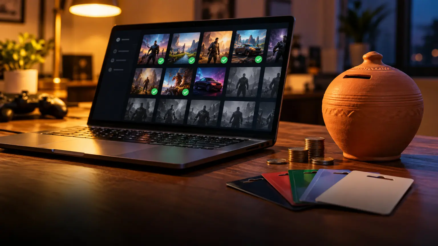 Laptop showing game cover tiles beside a terracotta money pot, coins and blank gift cards on a desk