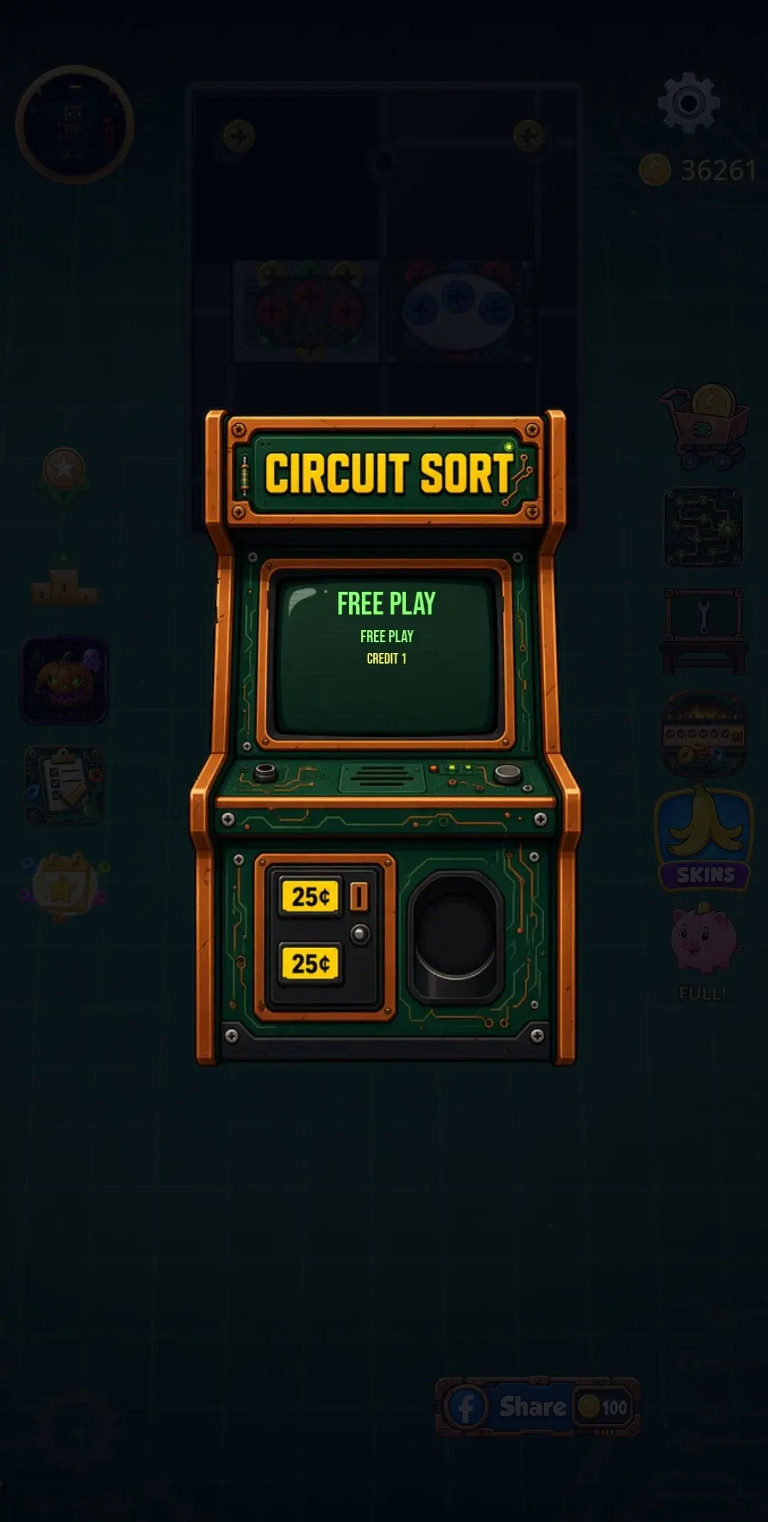 Circuit Sort Arcade mode screen drawn as a green arcade cabinet saying Free Play
