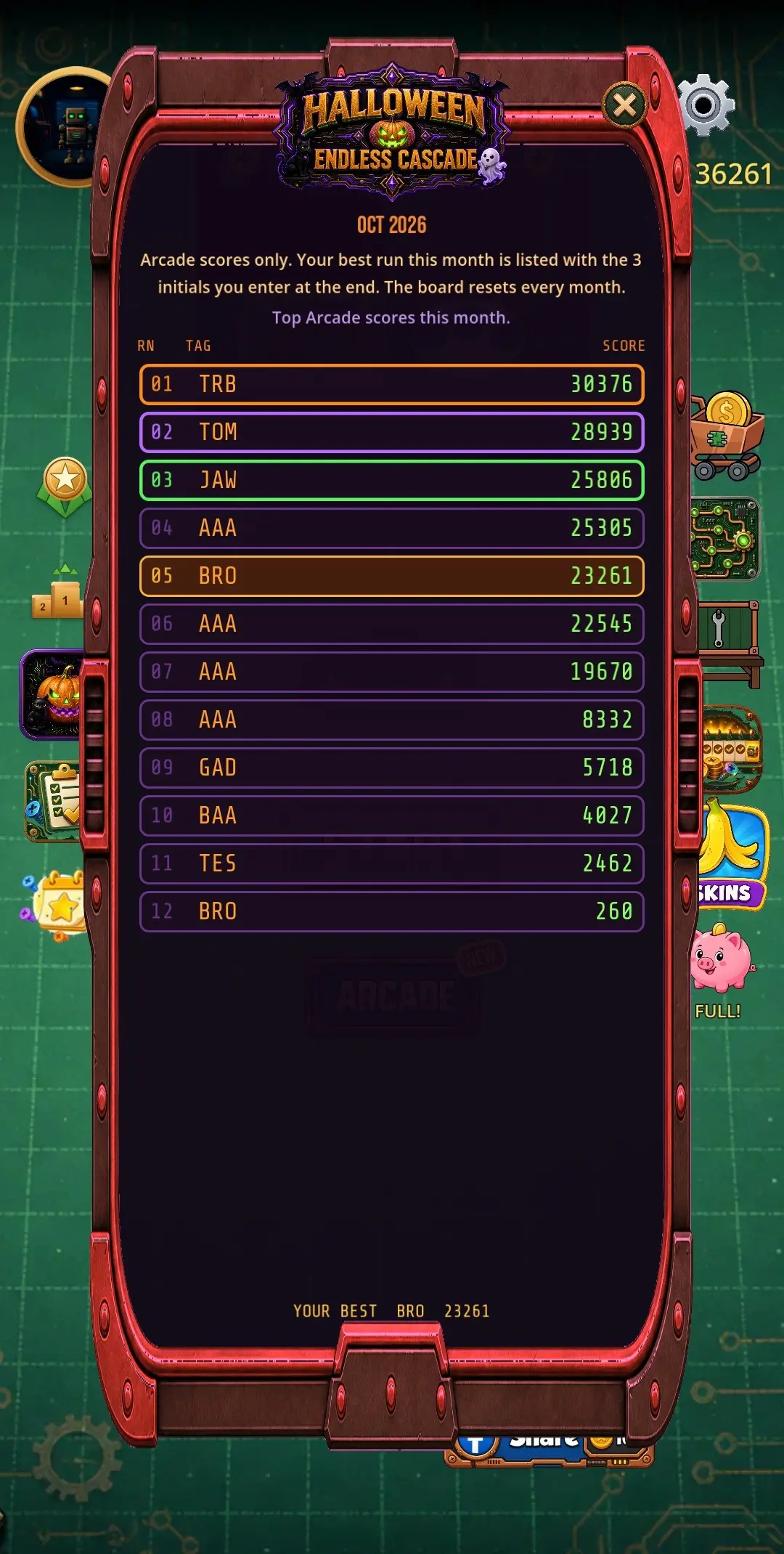 Halloween Endless Cascade leaderboard for October 2026 with three letter tags and scores
