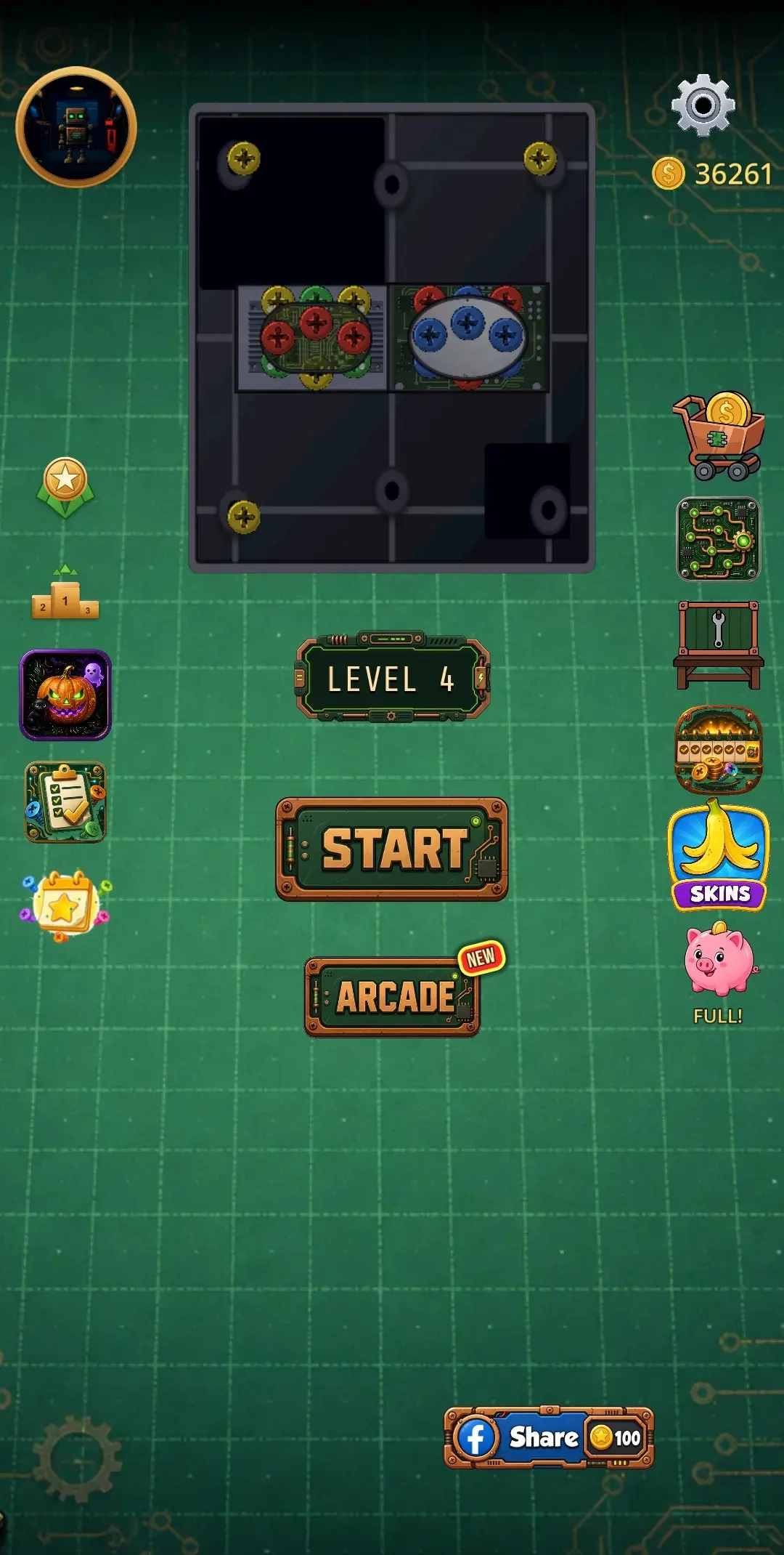 Circuit Sort main menu with the Halloween pumpkin icon on the left and Start and Arcade buttons
