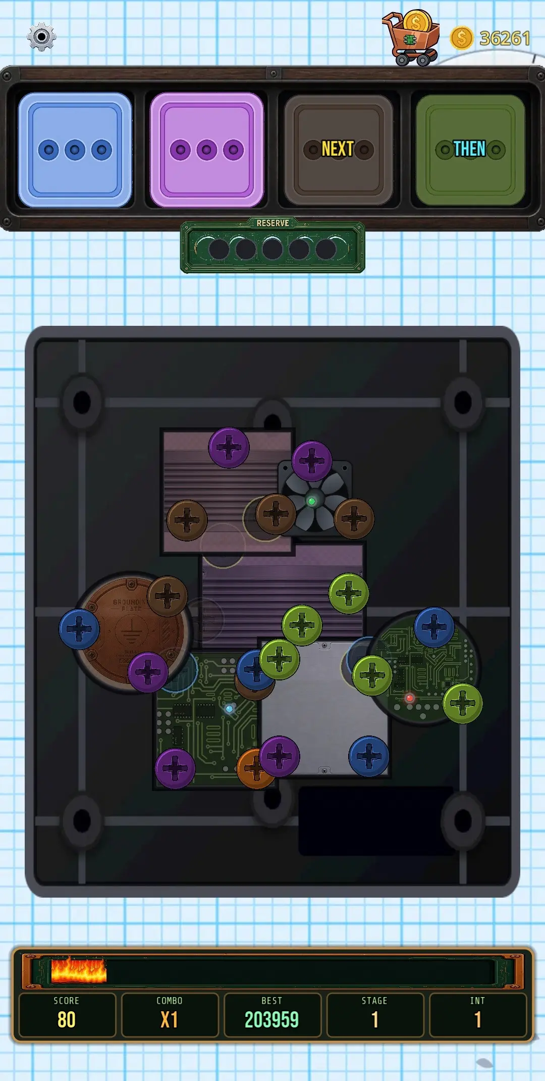 Circuit Sort board of coloured screws on a circuit plate, with colour bins and a reserve tray above