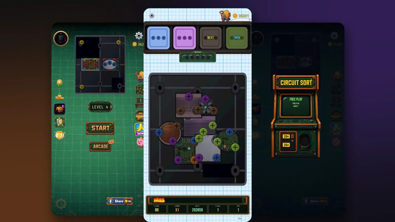 Circuit Sort screw sort puzzle on three phones: the main menu with the Halloween pumpkin, an Arcade board and the arcade cabinet