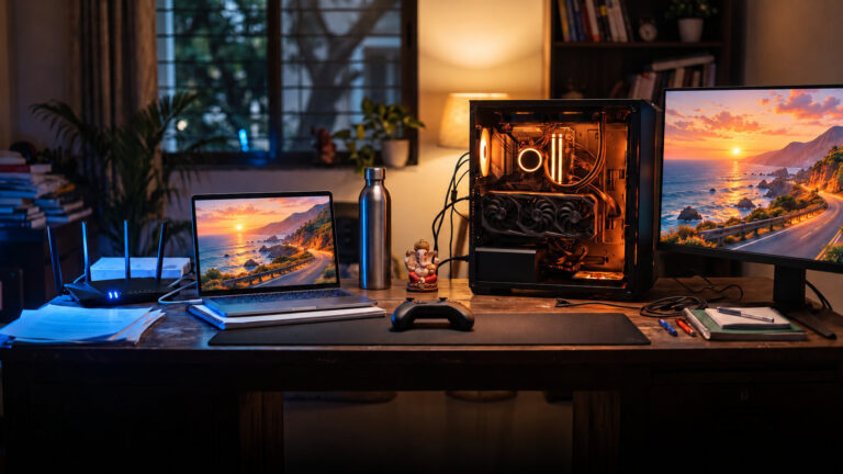 Thin laptop with a router on one side and an open gaming PC tower on the other, both on one desk