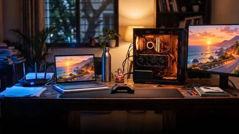 Thin laptop with a router on one side and an open gaming PC tower on the other, both on one desk