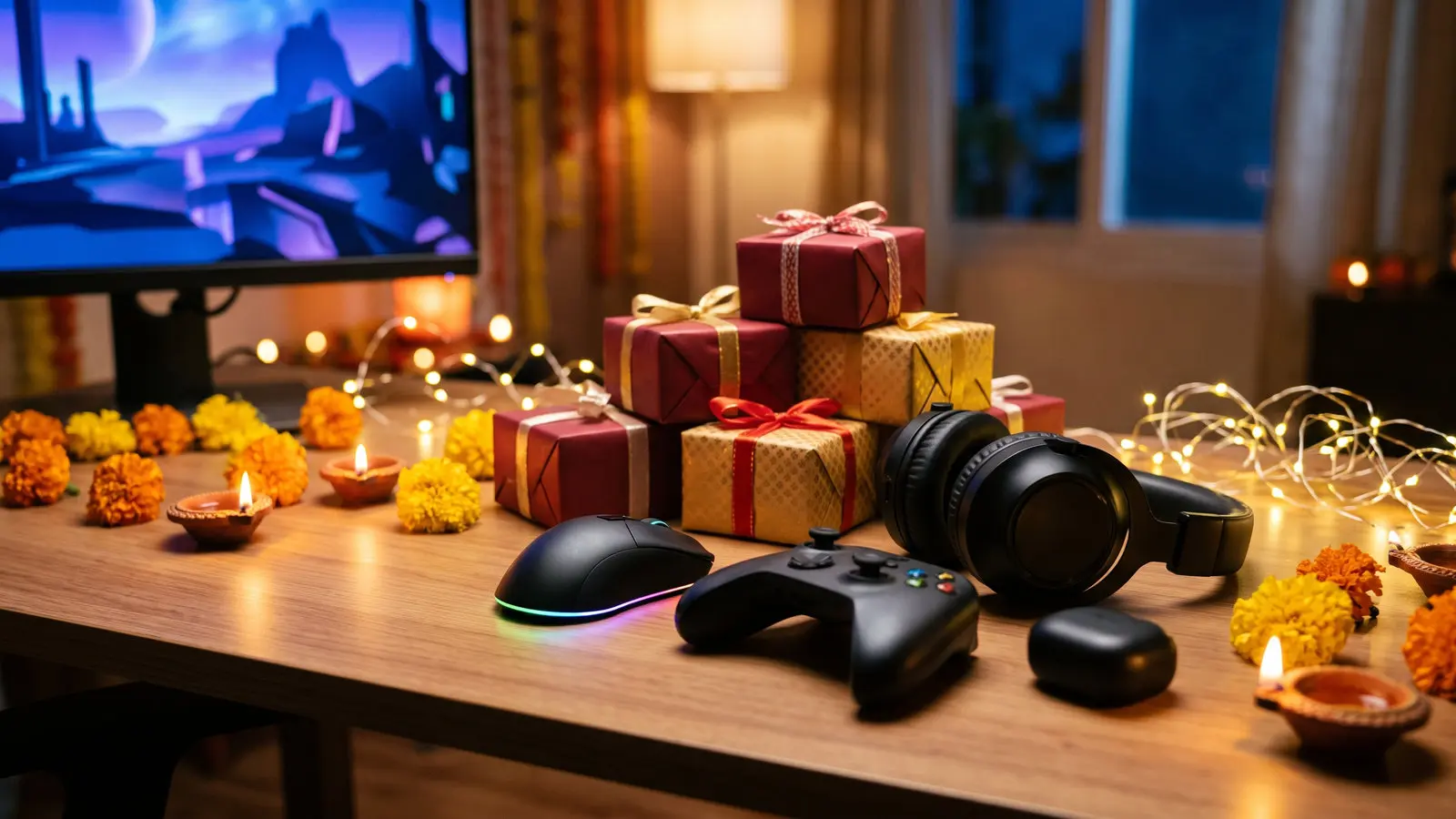 Gift boxes in red and gold paper with a gaming mouse, headset, controller and earbuds case on a desk lit by diyas on Diwali